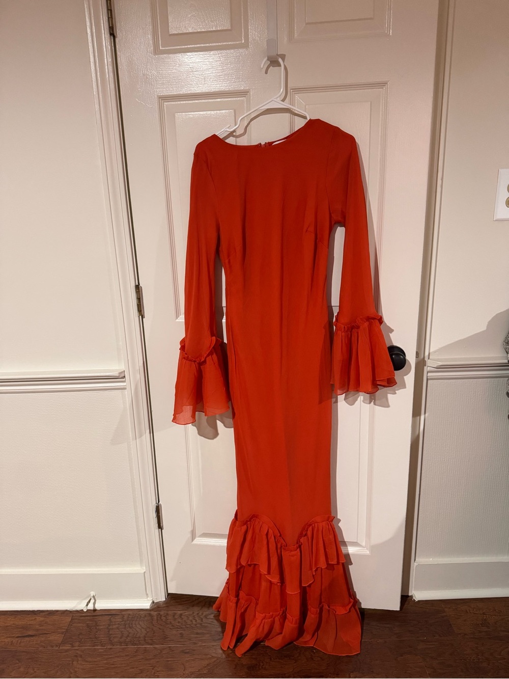 Red Ruffle-Sleeve Maxi Dress with Tiered Hem